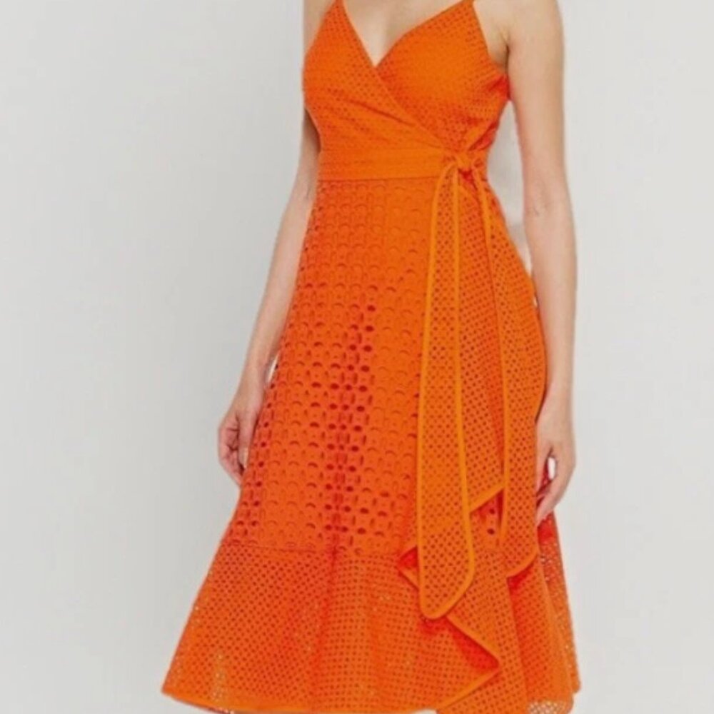 Trina Turk Cotton Kacie Eyelet Wrap Dress - Orange - Size 6
